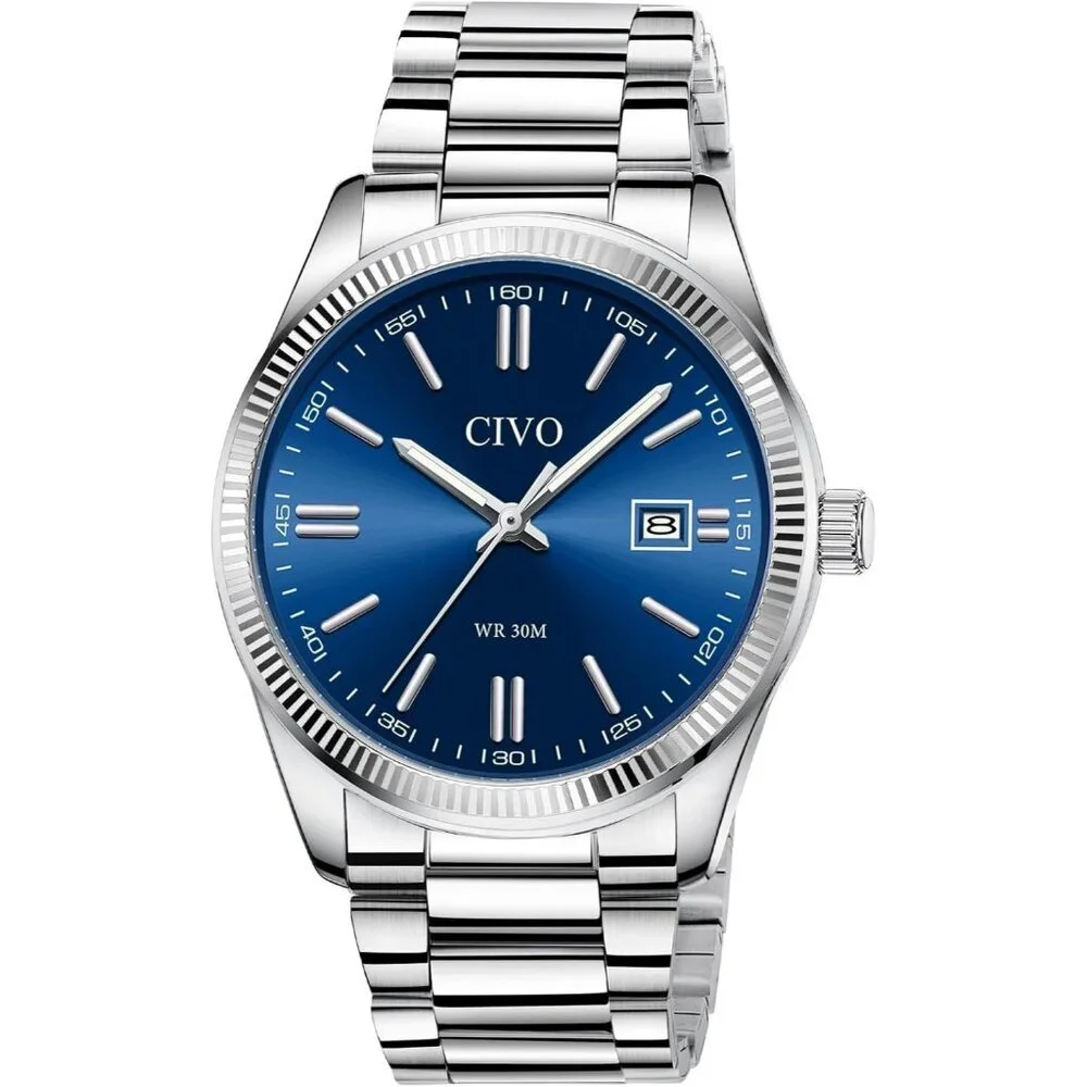 Men's Sliver- Blue Stainless Steel Hook Buckle Analog Comfortable Stylish Watch